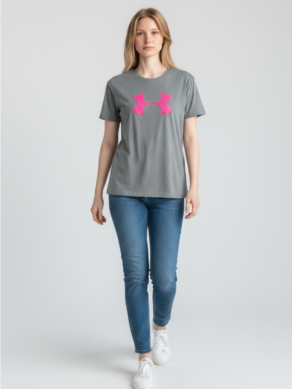 UnderArmour heather gray T-shirt Women S /Teen L hot pink logo round neck